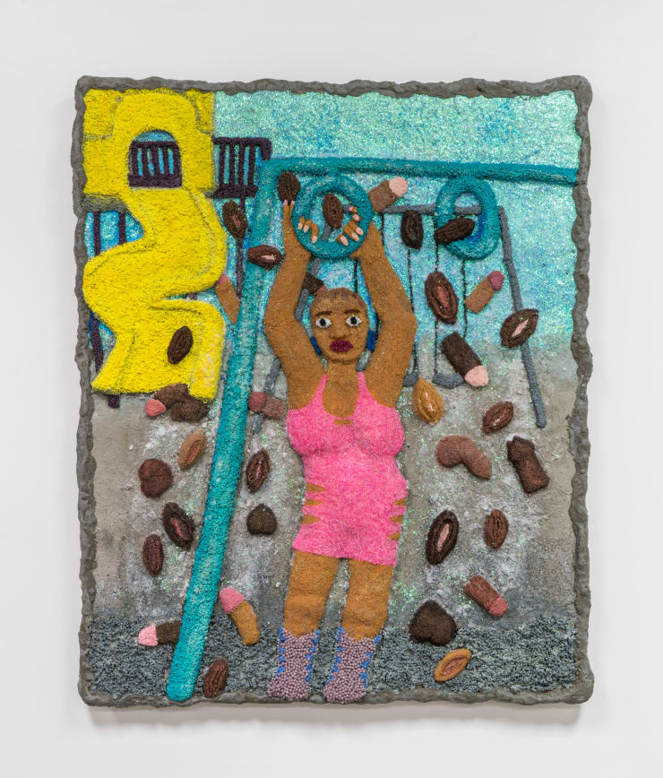 Nereida Patricia Pink Holiday, 2021 Glass beads, concrete, glass dust, glitter, acrylic, paper clay, wood 61 x 51 x 4 in 154.9 x 129.5 x 10.2 cm