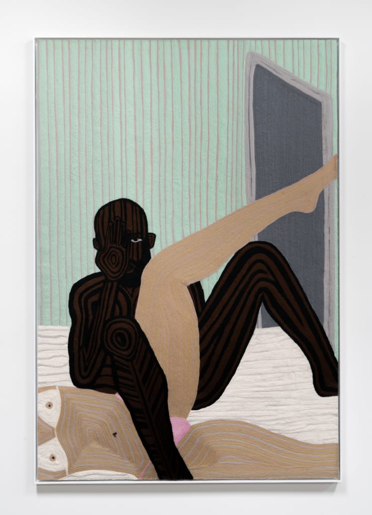 Cheryl Pope Woman and Man Reclining on Mat, 2020 needle-punched wool roving on cashmere, painted wood frame 71 x 48 in. 180.3 x 121.9 cm