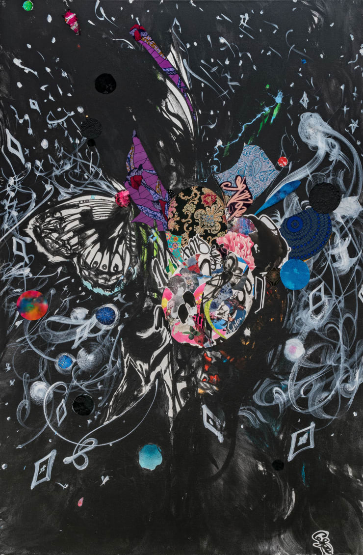 Shinique Smith galaxy within, 2024 acrylic, ink, fabric and collage on canvas 102 x 67 x 4 in 259.1 x 170.2 x 10.2 cm