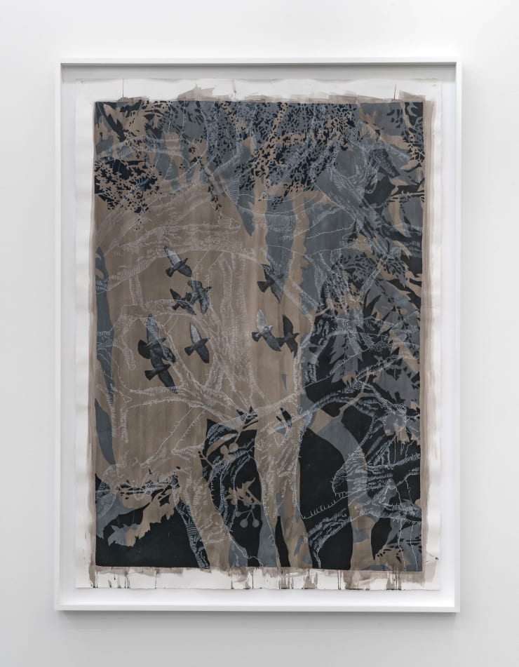 David Antonio Cruz thefogwillrise,theclaydry,andallcoveredindew.ButI'llseeyouwhenthesun sets_causewehavelivingghosts., 2024 ink, flashe, and wax pencil on watercolor paper 77 1/4 x 56 5/8 in (framed) 196.2 x 143.8 cm 72 x 52 in (unframed) 182.9 x 132.1 cm