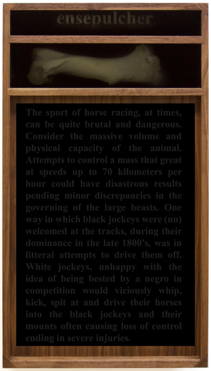 Nate Young Ensepulcher, 2018 walnut, horse bone, plexiglass, gold leaf, spray paint, LED 28 1/2 x 16 x 6 in. 72.4 x 40.6 x 15.2 cm