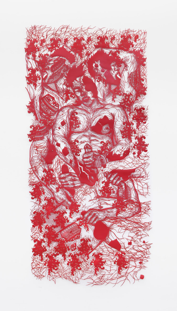 Antonius-Tín Bui Mending in a daybreak that casts every shadows except your own, 2023 hand cut paper, ink, and paint 83 x 42 in (unframed) 210.8 x 106.7 cm