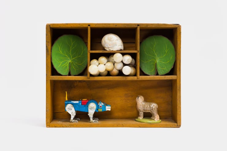 Kenzi Shiokava Untitled, n.d. Wood shelf, toy figurines, seashell, faux grapes, and leaves 13 1/2 x 17 1/2 x 5 1/2 in 34.3 x 44.5 x 14 cm