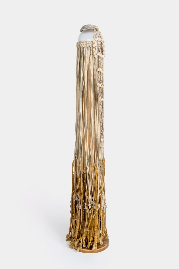 Kenzi Shiokava Untitled (Shaman Series) , n.d. Glass, shell, yarn, pine wood 62 x 12 1/2 x 11 1/2 in 157.5 x 31.8 x 29.2 cm
