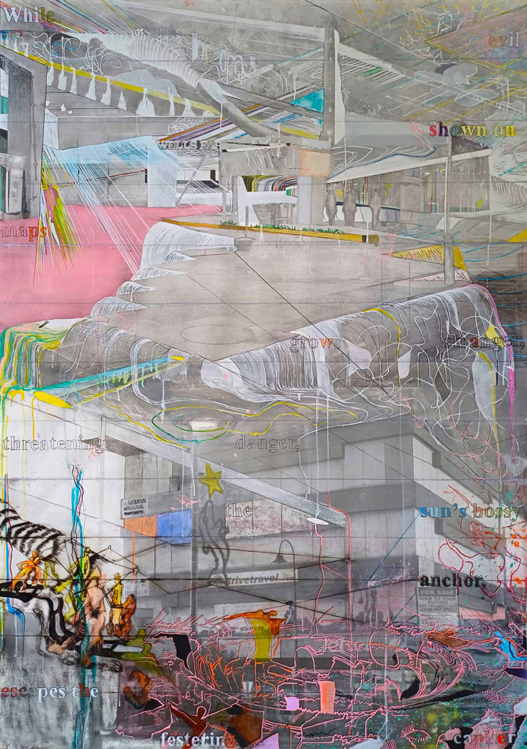 While evil shown on maps grows stranger, threatening danger, the sun’s bossy anchor escapes the festering canker, 2024 Acrylic paint ink on repurposed acrylic sheets and paper 167.5 x 115.6 cm