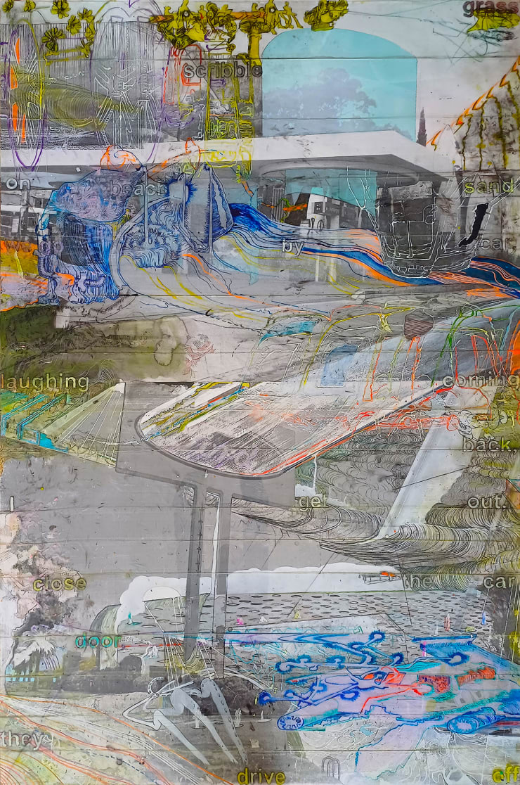 Grass scribbling on beach sand, we go in car, laughing come back, I open the car door to get out, they drive off, 2024 Acrylic paint ink on repurposed acrylic sheets and paper 179 x 118.2 cm