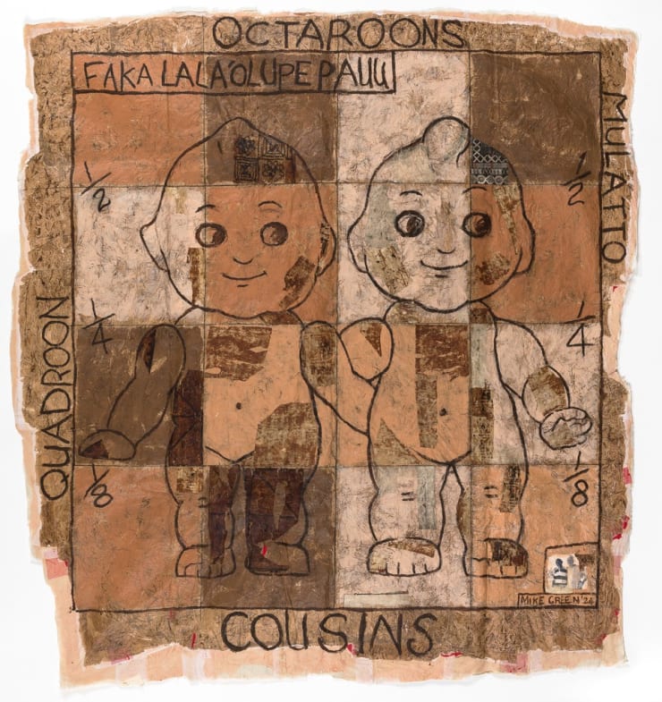 Cousins, 2024 Fine tissue paper, old family Ngatu (Tapa), contemporary plain Ngatu, Awagami papers, collage, PVA and acrylic paint. 340 x 326 cm