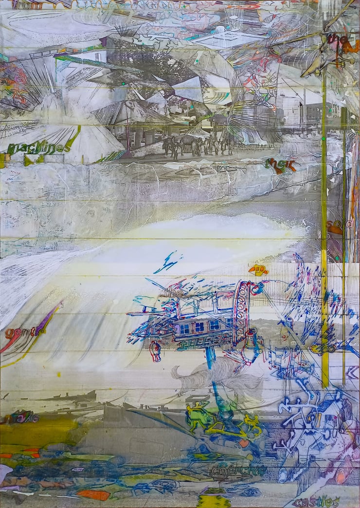 From the machines they’re sold to, the gentle make coercive castles, 2024 Acrylic paint ink on repurposed acrylic sheets and pape4 180 x 130 cm