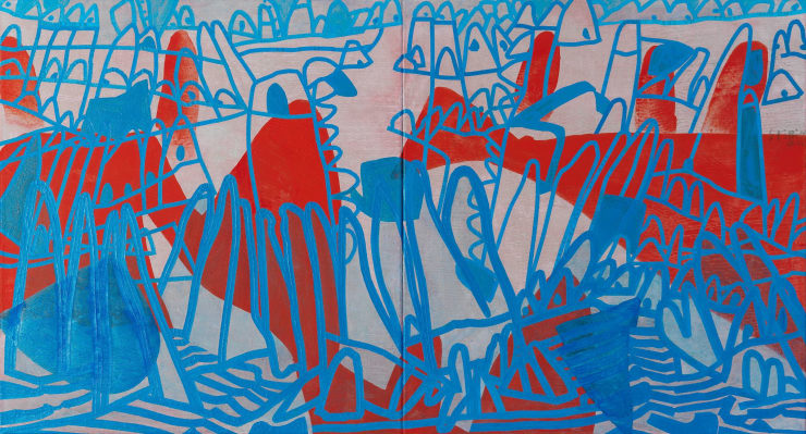 Lake Mungo, 6:10am (diptych), 2022 Shredded classified documents, acrylic, rice paper on cotton duck 65 x 120