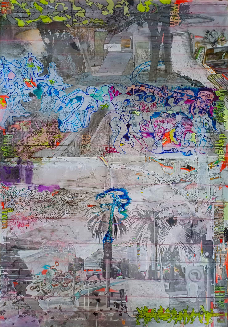 It’s an uban myth Pro Hart dropped large paint bags on the desert from a balloon, investigating unbeing, 2024 Acrylic paint ink on repurposed acrylic sheets and paper 174.4 x 121.5 cm