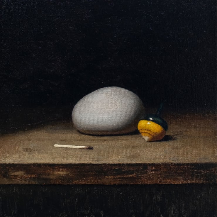 Will Calver Pebble, Spinning Top and Matchstick, 2022 Oil on linen 25 x 25cm / 10 x 10 inch