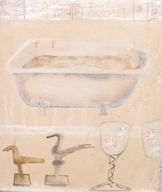 Emily Fairlie Baker Remembering in the Bath, 2020 Oil and chalk on canvas 48 x 41 x 4 cm