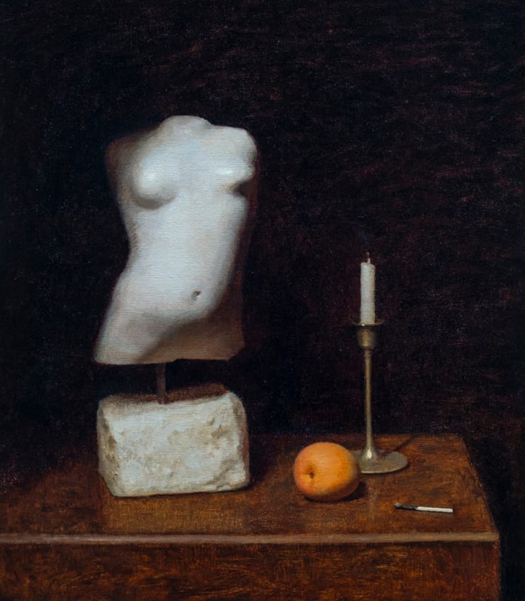 Will Calver Statuette, Apricot, Candle and Matchstick, 2022 Oil on linen 40.5 x 35.5cm / 16 x 12 inch