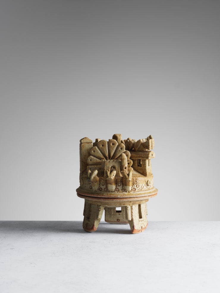 Ian Godfrey, Lidded Vessel with City Scape and three heads, c. 1970s