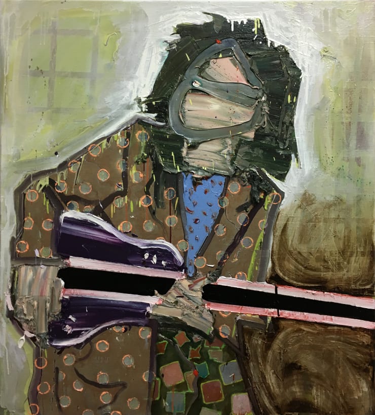 Toby Raine, Jimmy Page backstage in Miami with fancy coat and guitar, 2017