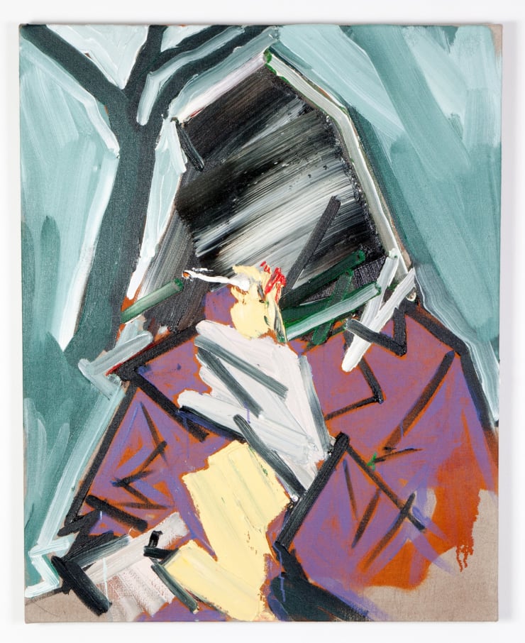 Toby Raine, Ozzy Sitting on Park Bench Holding Rubber Chicken With Smoke in its Beak, 2016
