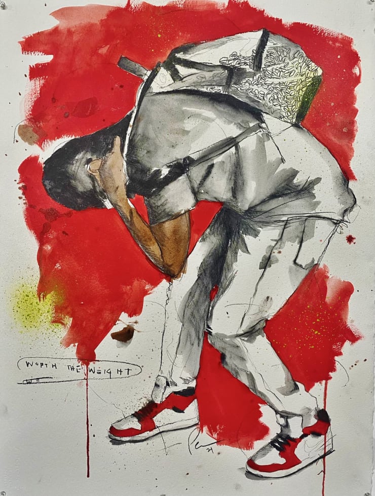 Worth the Weight, 2021 Acrylic, graphite and spray paint on Arches 300# cold press 76.2 x 55.9 cm 30 x 22 in
