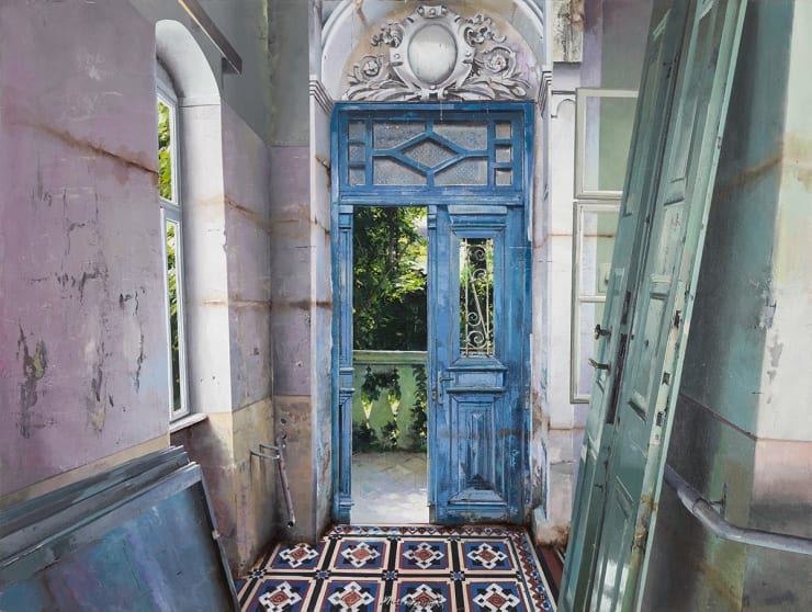 Matteo Massagrande L'ingresso azzurro, 2021 Oil and mixed media on board 60 x 80 cm 23.6 x 31.5 in