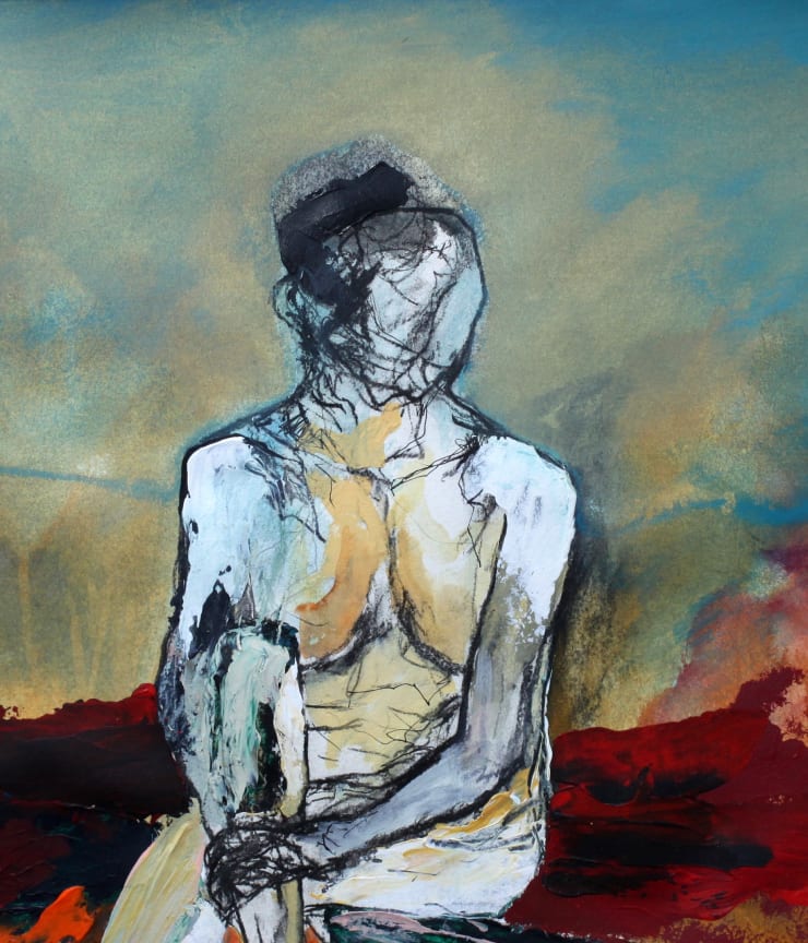 Lady On Red, 2025 Graphite, Charcoal, Ink, Acrylic, Gouache & Watercolour on paper 48 x 41 cm 18.9 x 16.1 in