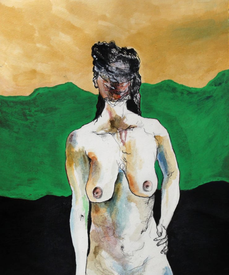 Lady In Green, 2024 Graphite, Ink, Acrylic & Watercolour on paper 36 x 30 cm 14.2 x 11.8 in