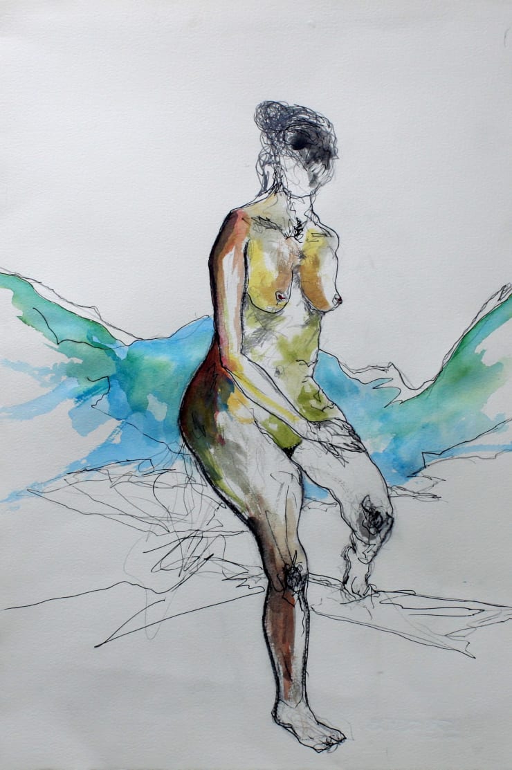 Woman in Blue, 2024 Graphite, Ink, Gouache & Watercolour on Paper 56 x 37.5 cm 22 x 14.8 in