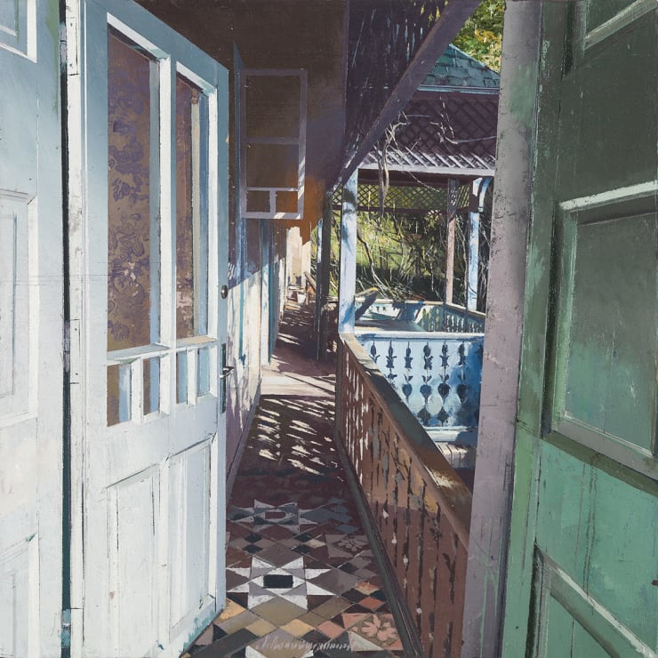 Matteo Massagrande Veranda azzurra, 2021 Oil and mixed media on board 30 x 30 cm 11.8 x 11.8 in