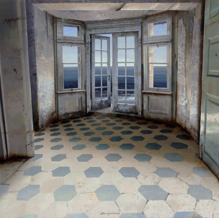 La luce dal tetto , 2019 Oil and mixed media on board 50 x 50 cm 19.7 x 19.7 in