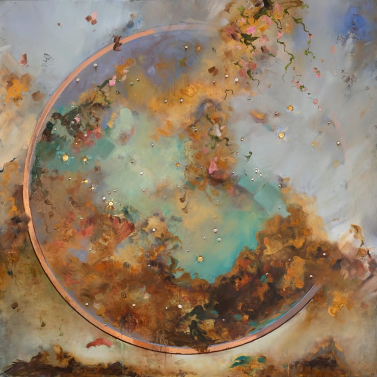 Capricorn, 2024 Oil, genuine silver, platinum and copper leaf on panel 120 x 120 cm 47.2 x 47.2 in