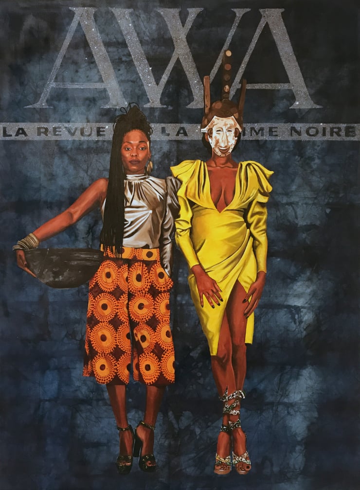 Jigéén Bu Bé Fenkna (Dawn of Woman), 2018 Acrylic and diamond dust on indigo-dyed canvas 121.9 x 243.8 cm 48 x 96 in