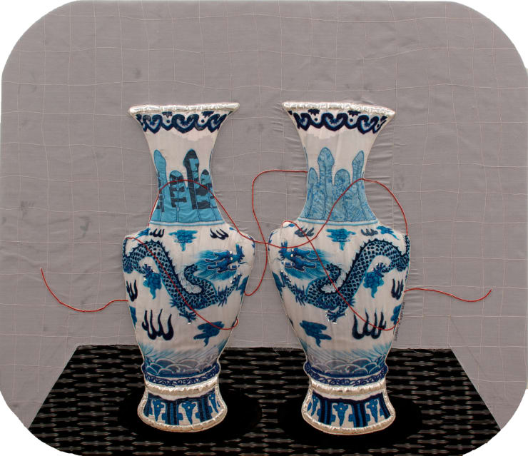Jars of Silence, 2023 Fabric, digitally printed cambric cotton, found clothes, beads, reflective silver fabric 143 x 168 cm 56 x 66 in
