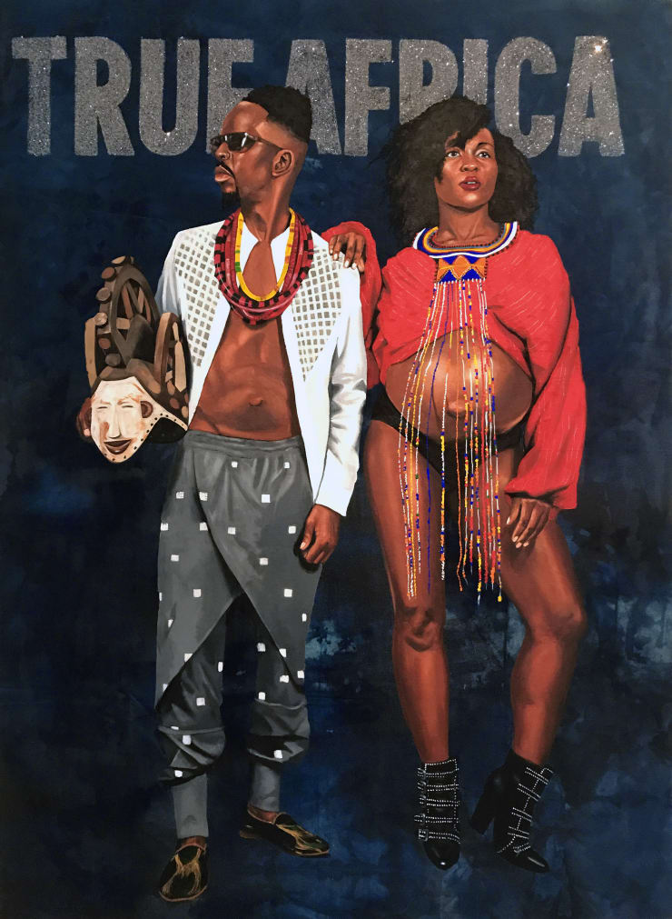 Khupela (Only Together), 2018 Acrylic and spray paint on indigo-dyed canvas 152.4 x 110.5 cm 60 x 43.5 in