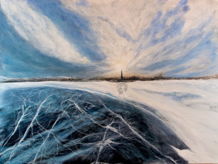 Winter Sun. Frozen Arteries, Feral Clouds Ignore The Distant Steeple Status, 2023 Acrylic on canvas 76 x 101.5 cm 29.9 x 40 in