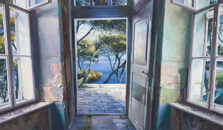 Matteo Massagrande La porta verso la pineta, 2021 Oil and mixed media on board 35 x 60 cm 13.8 x 23.6 in