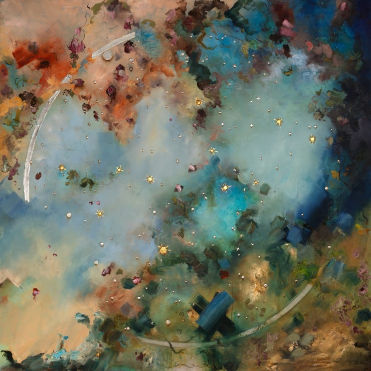 Virgo, 2024 Oil, genuine gold, silver and platinum leaf on panel 120 x 120 cm 47.2 x 47.2 in