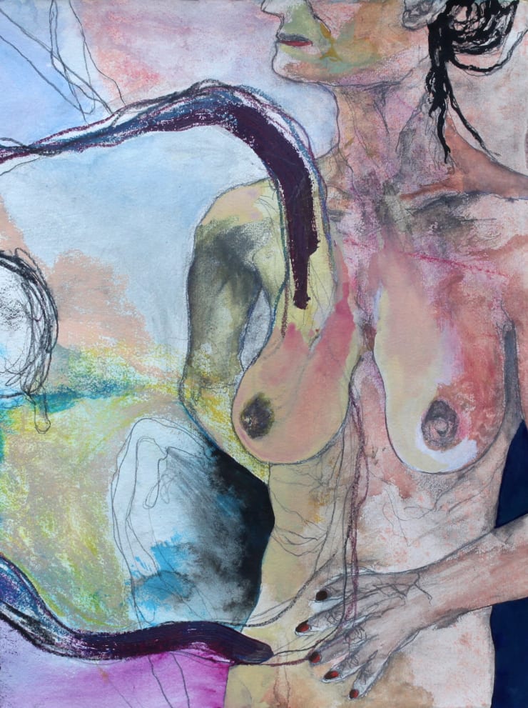 Strapped, 2025 Graphite, Charcoal, Pastel, Ink, Acrylic, Gouache & Watercolour on paper 50 x 38 cm 19.7 x 15 in