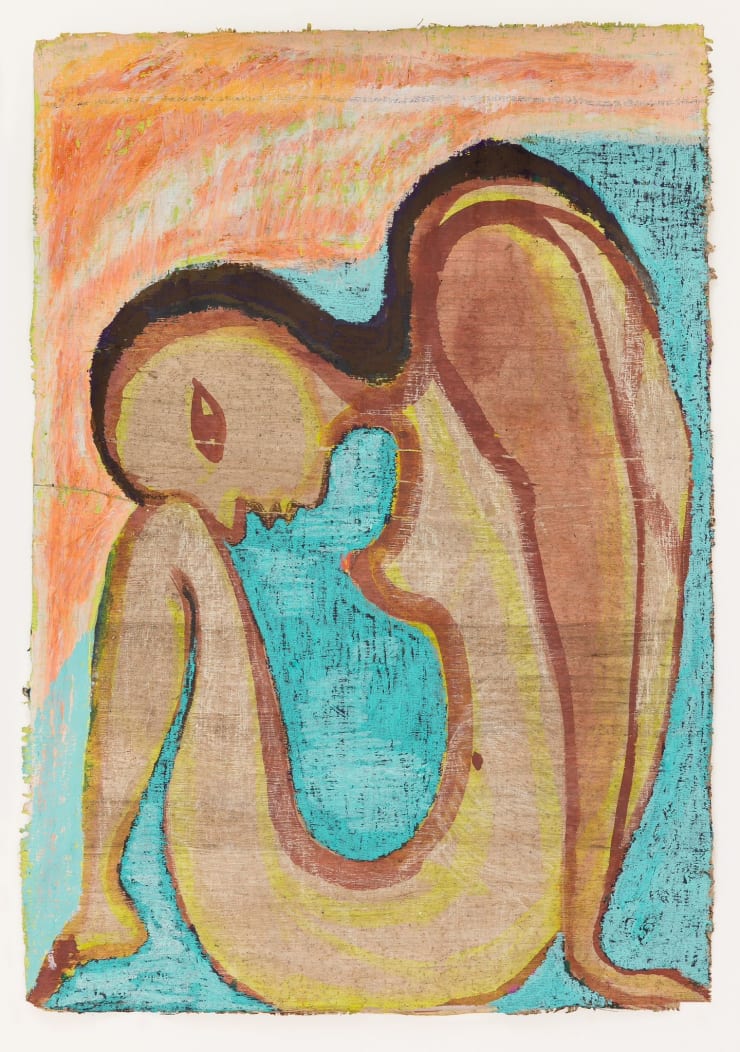 This untitled work by Kimia Ferdowsi Kline, created with ink and oil pastel on Egyptian papyrus, reveals an evocative figure bowed in introspection. The piece channels a fluid, spiritual force, echoing ancestral gestures and the sensuality of color. It invites a contemplation of the body’s memory and the soul’s quiet metamorphosis. The earthy palette and sinuous lines whisper of alchemical connections between matter and spirit, forming a poetic testament to the inner journey of becoming.