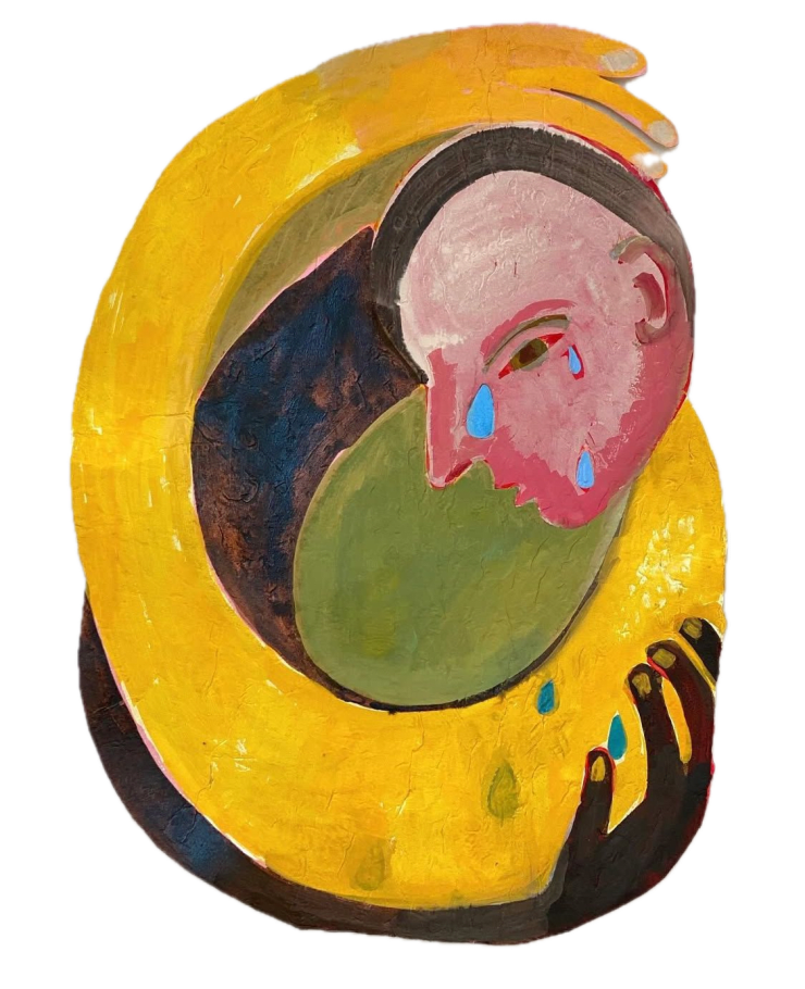 Untitled painting by Kimia Ferdowsi Klin. Ink and acrylic on Japanese paper, featuring a sorrowful figure shedding blue tears, encircled by a large yellow hand.