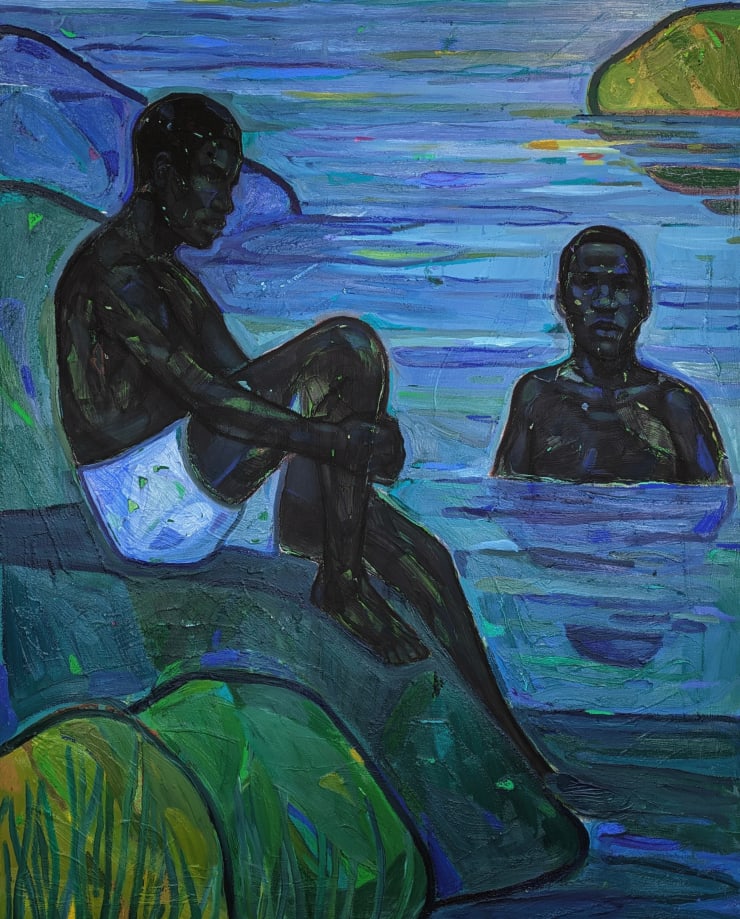 Belong by Stephen Price, oil painting created with impasto technique, depicting two Black male figures by the water. Exhibited at 1-54 Contemporary African Art Fair