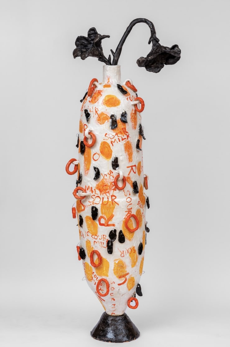 Xanthe Somers, Like Sour Milk On A Hot Day / Large white and orange floor standing vase with black flowers, 2022