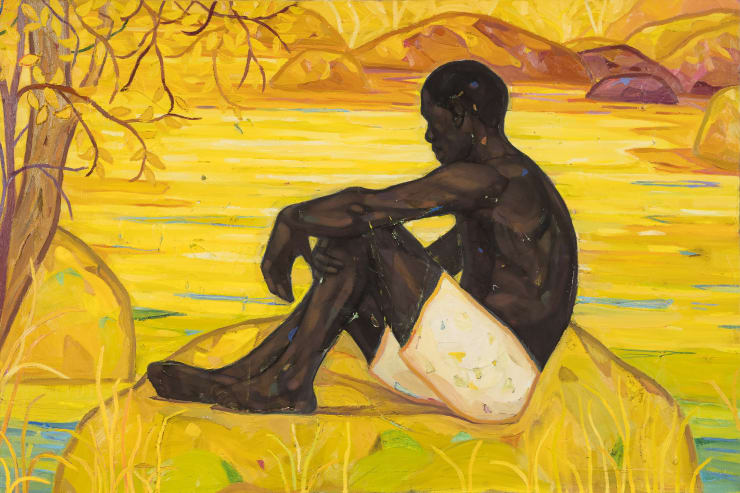 Stephen Price’s “See You In Light #2”, a seated male figure bathed in golden light beside water, painted on canvas with oil, charcoal, acrylic, and pastels.