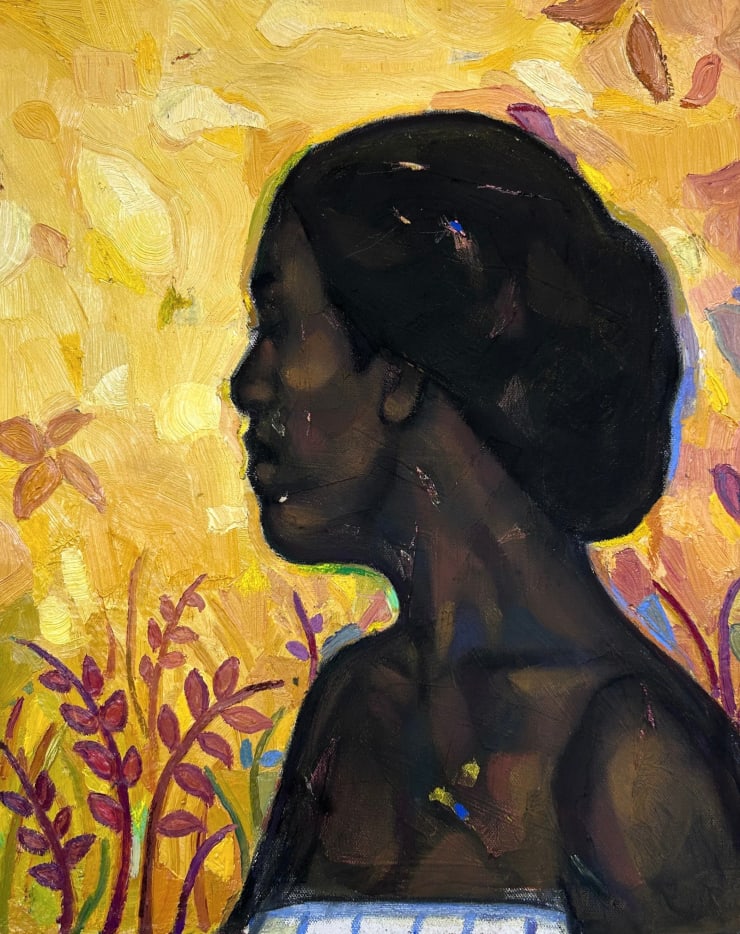 Portrait of a woman in profile surrounded by golden foliage by Stephen Price.