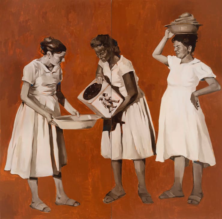 As três graças by Brazilian artist Thales Pomb, a 2×2 metre figurative painting of three Brazilian women in white dresses, celebrating feminine resilience and unity.