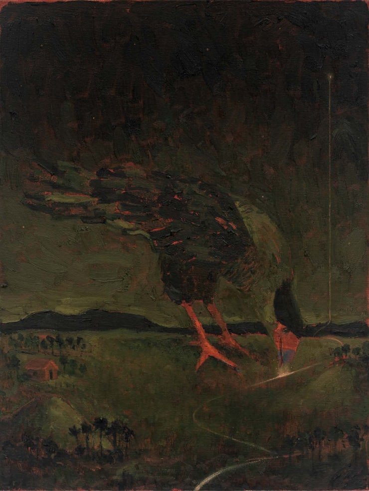 Surrealist painting by Brazilian artist Thales Pomb titled ‘pega, mata e come’, featuring a giant bird pecking at a rural landscape under a dark sky with a distant light beam