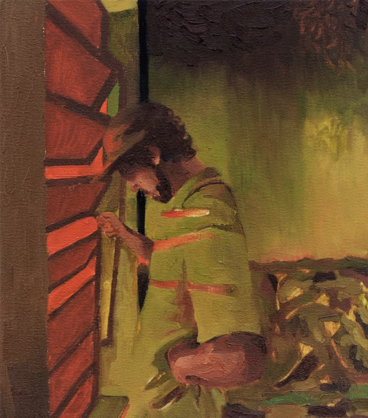 Portrait painting by Brazilian artist Thales Pomb, showing a male figure in soft indoor light, rendered in expressive brushstrokes and warm earthy tones.