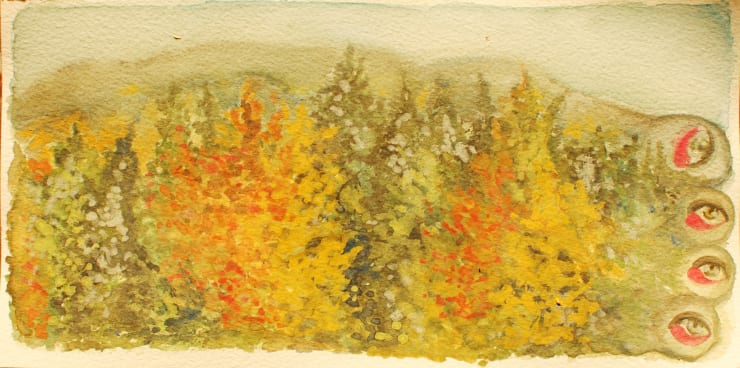 A watercolor painting by Alymamah Rashed featuring a forest landscape in autumn colors, with surreal red-rimmed eyes peeking from the right edge, blending symbolism and natural scenery.