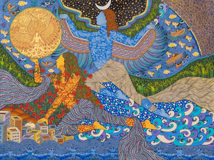 Seema Kohli Krishna Krishna Rasa, 2025 Acrylic colors and ink on Canvas with 24ct gold and silver leaf 36" x 48"