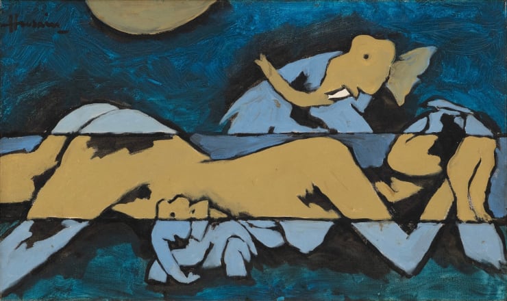 M F Husain Untitled Oil on Canvas 17 5/8 x 29 5/8 in. 44.8 x 75.2 cm