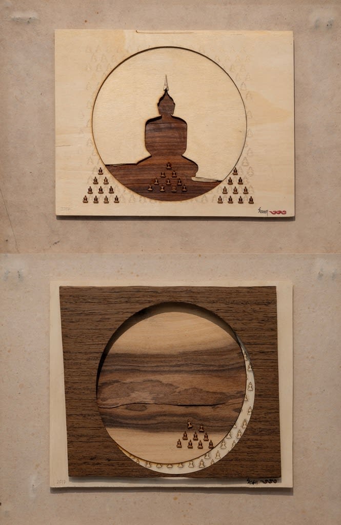 Satish Gupta Meditation, 2017 Collage in Wood, Paper, Ink & Photograph 12 x 15 in. (Each work) 30.5 x 38.1 cm