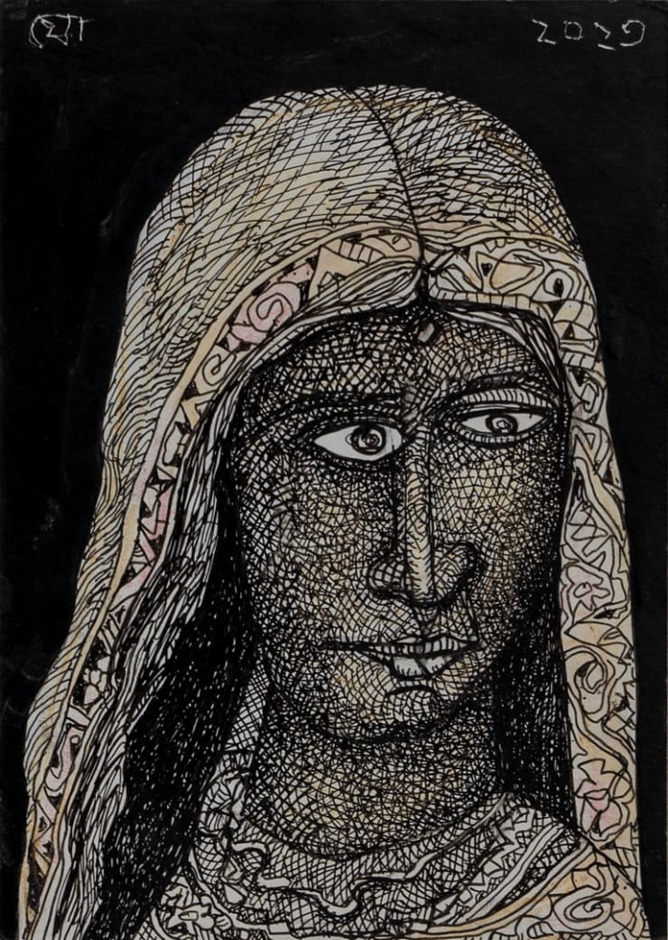 Jogen Chowdhury Woman Face In Sari, 2023 Ink & Pastel on Paper 7 1/4 x 5 1/8 in. 18.3 x 13 cm
