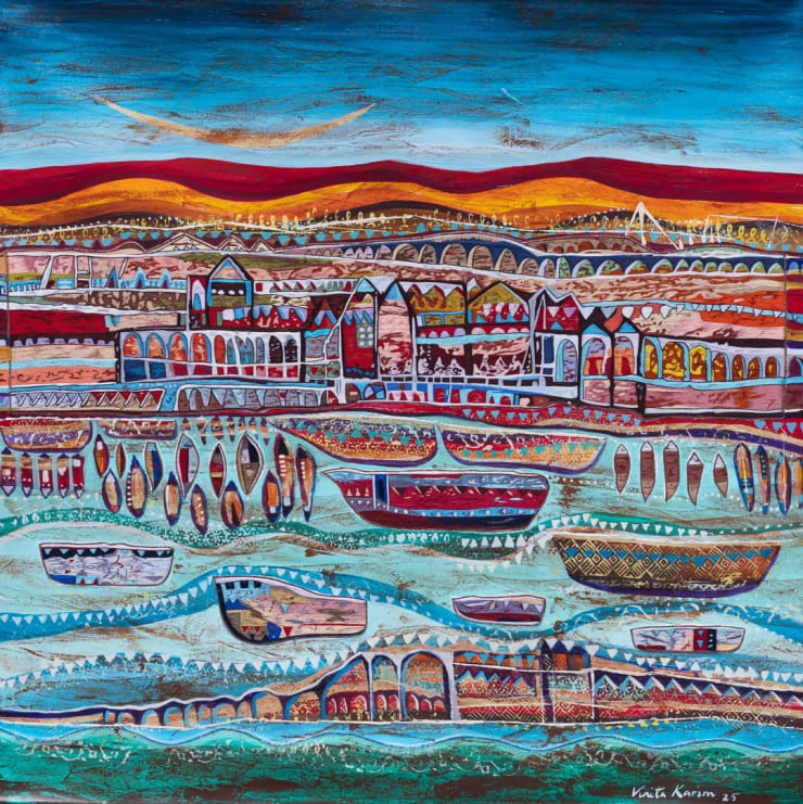 Vinita Karim Rivers of Light, 2025 Acrylic, embroidery, gold and copper on linen 36 x 38 in. 91.4 x 96.5 cm